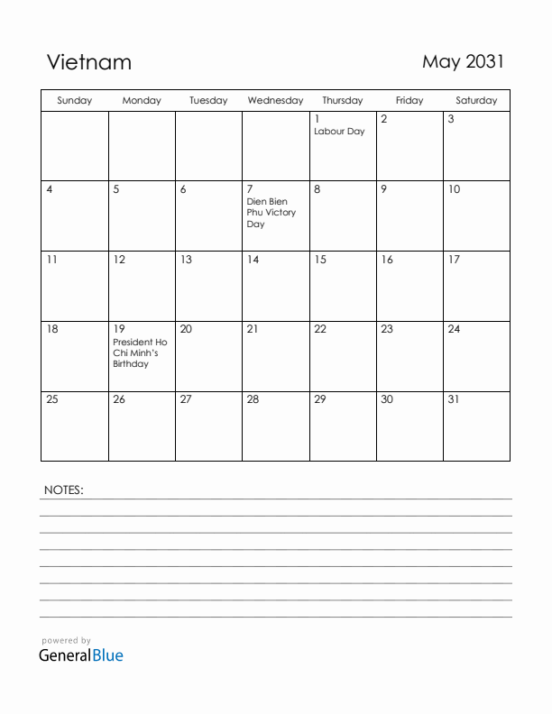 May 2031 Vietnam Calendar with Holidays (Sunday Start)