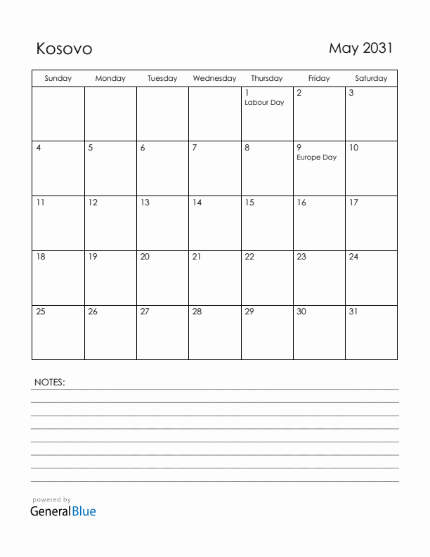 May 2031 Kosovo Calendar with Holidays (Sunday Start)