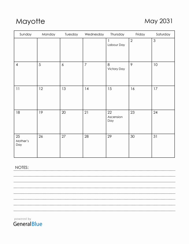 May 2031 Mayotte Calendar with Holidays (Sunday Start)
