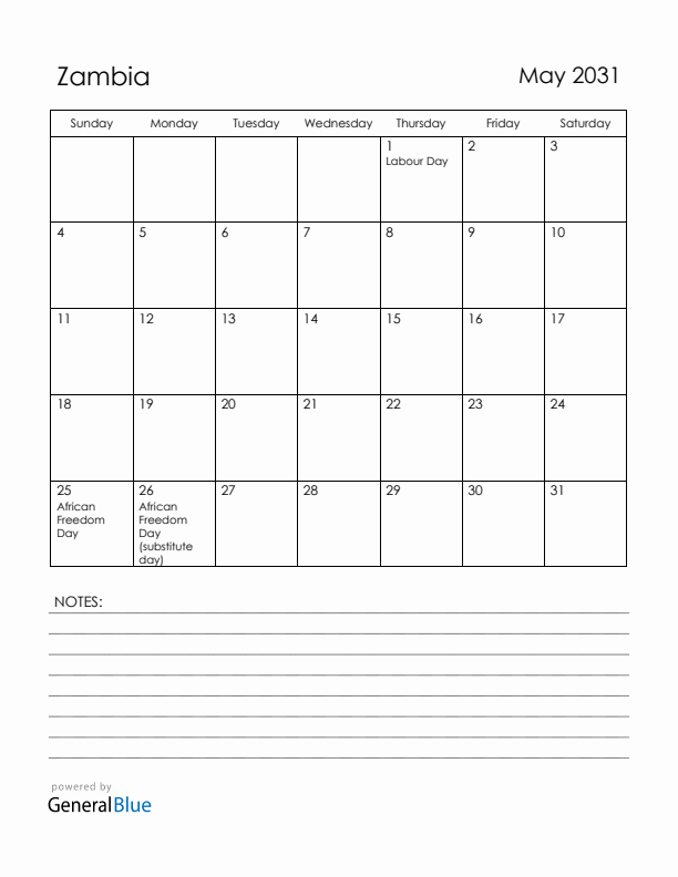 May 2031 Zambia Calendar with Holidays (Sunday Start)