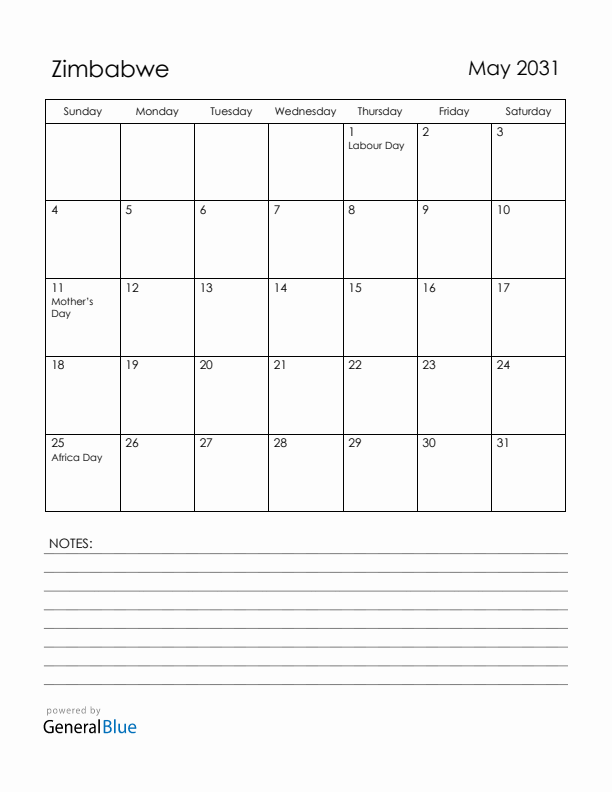 May 2031 Zimbabwe Calendar with Holidays (Sunday Start)