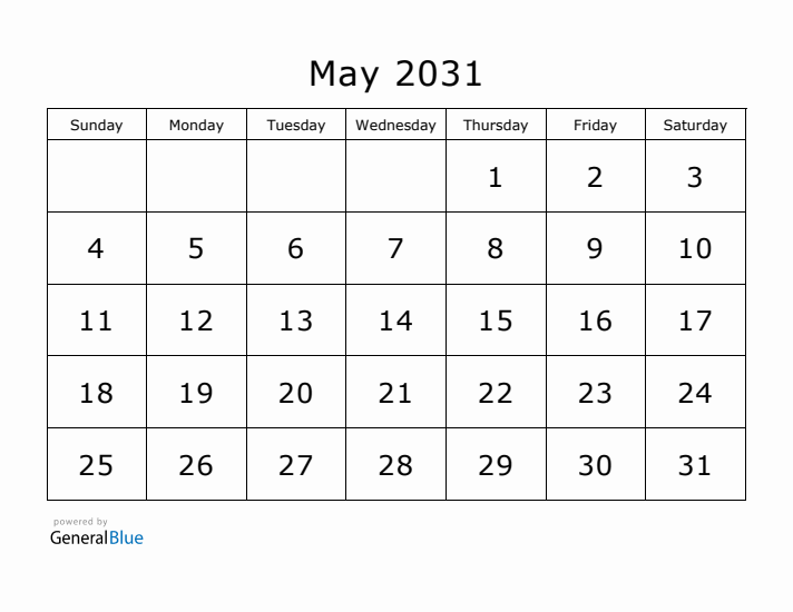 Printable May 2031 Calendar - Sunday Start