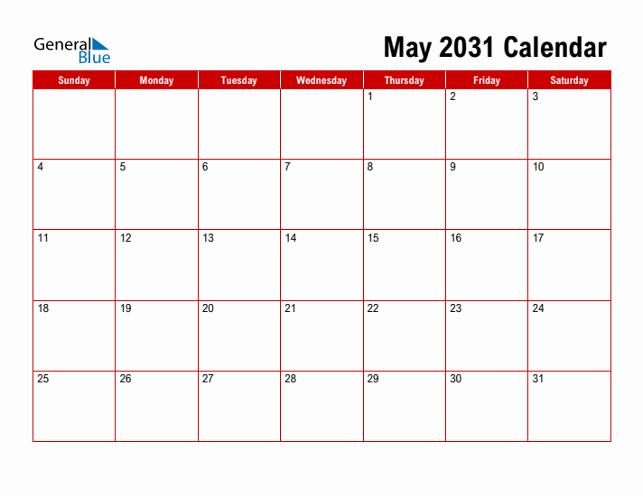 Simple Monthly Calendar - May 2031