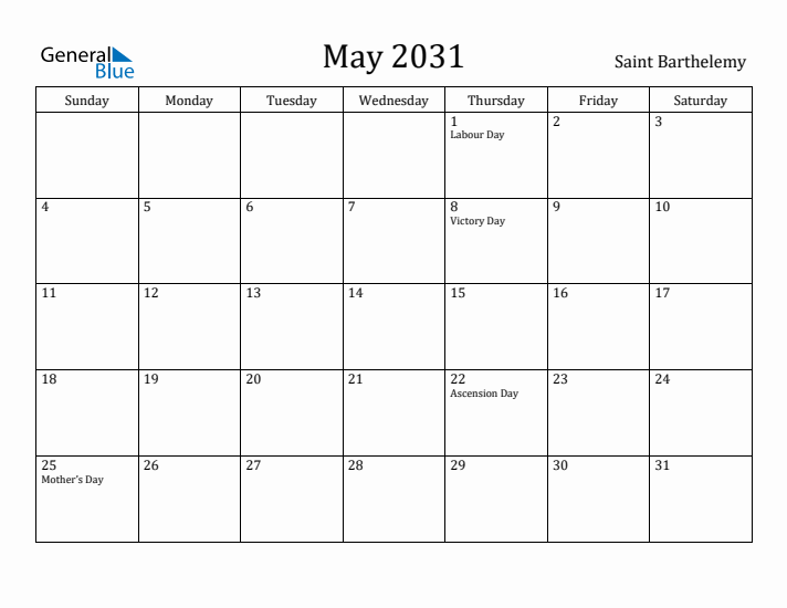 May 2031 Calendar Saint Barthelemy