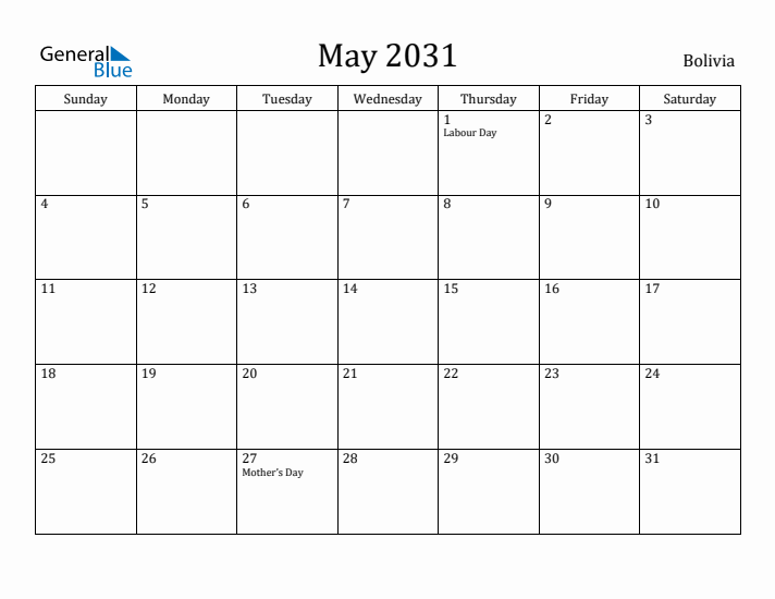 May 2031 Calendar Bolivia