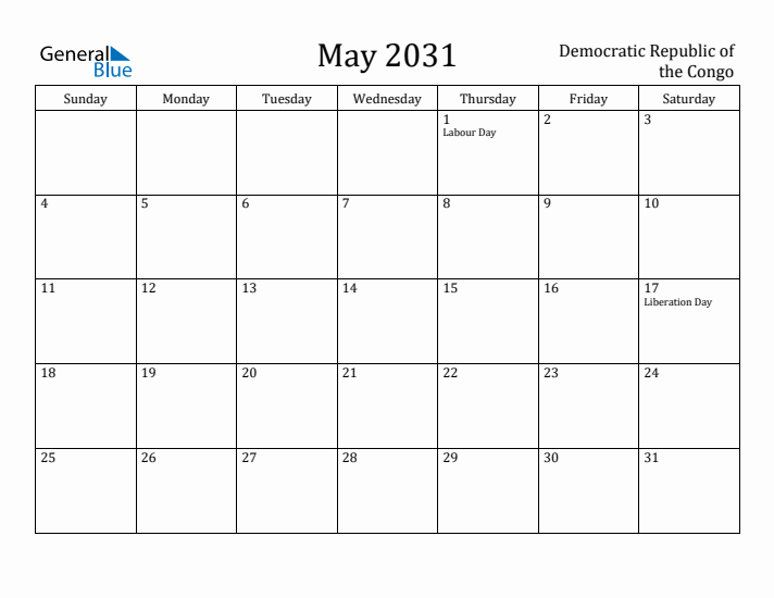 May 2031 Calendar Democratic Republic of the Congo