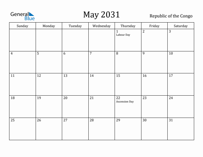 May 2031 Calendar Republic of the Congo
