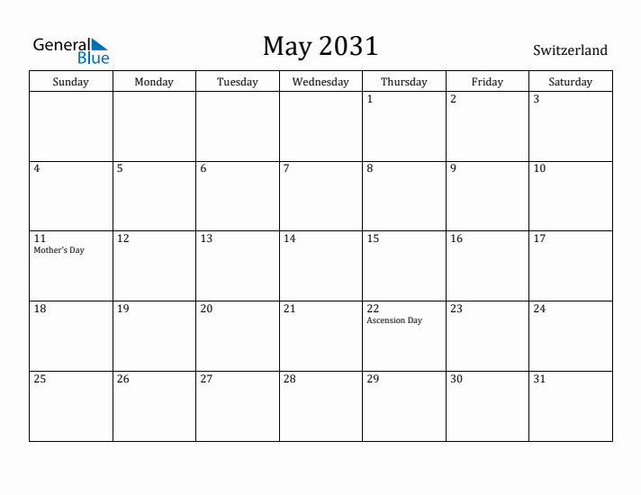 May 2031 Calendar Switzerland