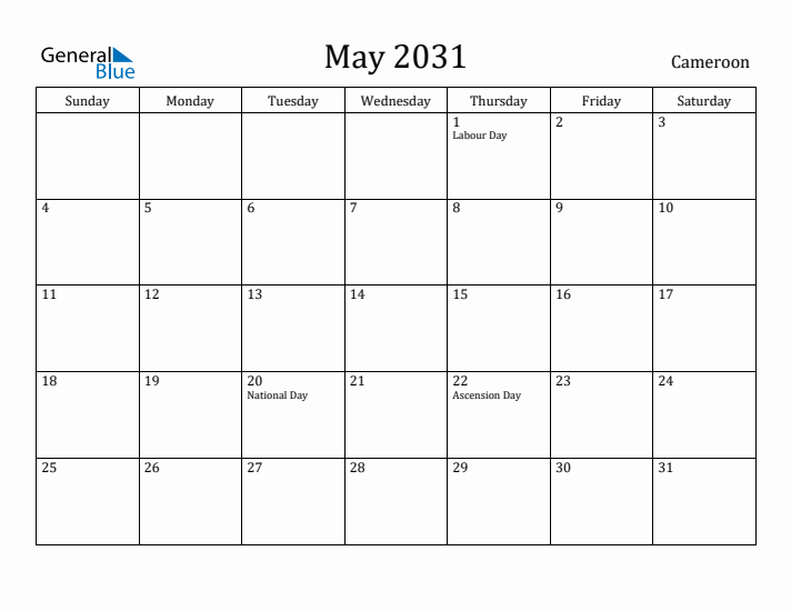 May 2031 Calendar Cameroon