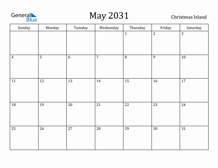 May 2031 Calendar Christmas Island