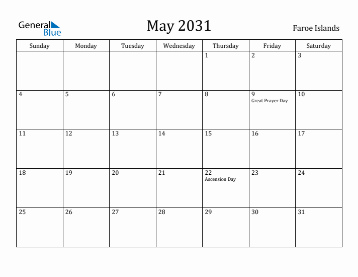 May 2031 Calendar Faroe Islands