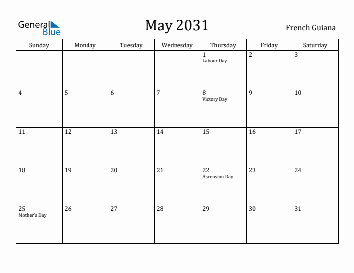 May 2031 Calendar French Guiana