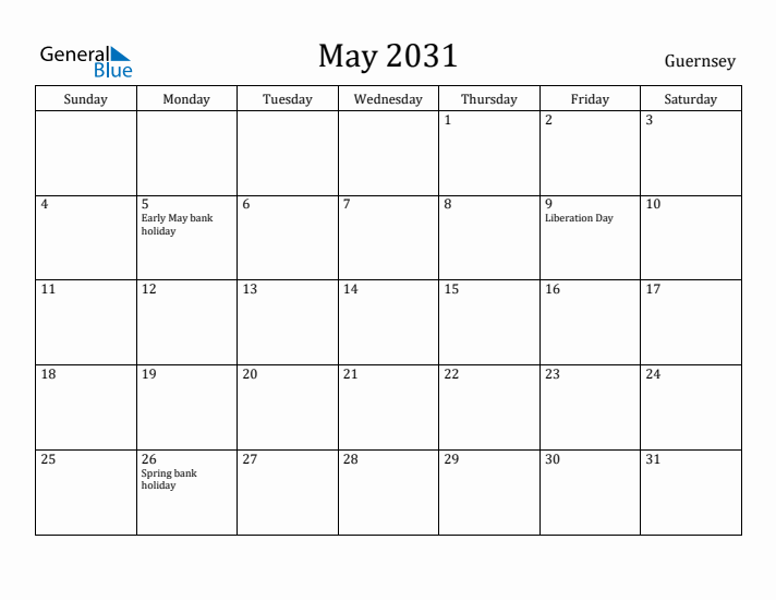 May 2031 Calendar Guernsey