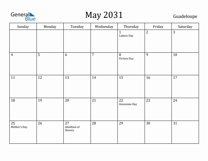 May 2031 Calendar Guadeloupe