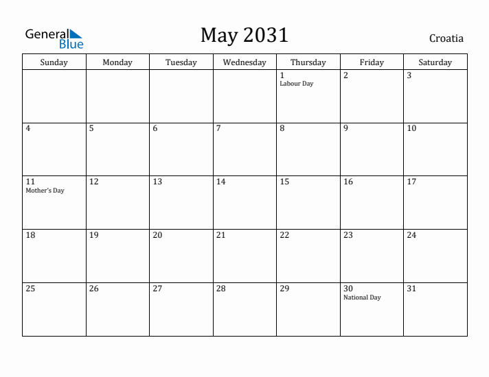 May 2031 Calendar Croatia