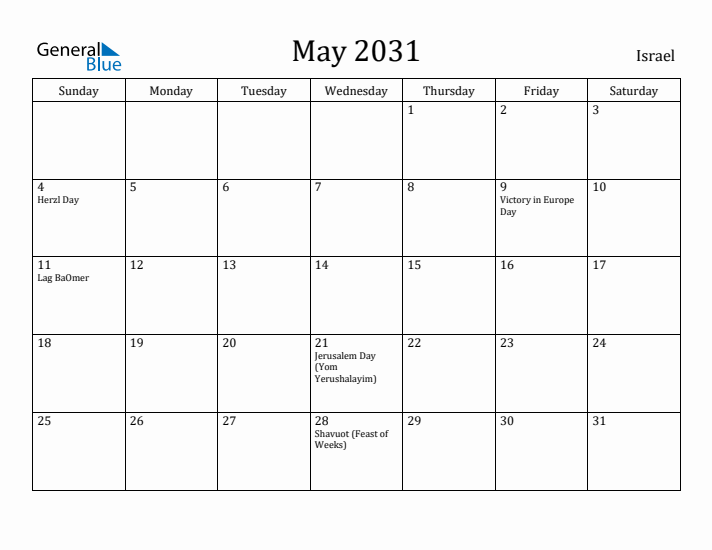 May 2031 Calendar Israel