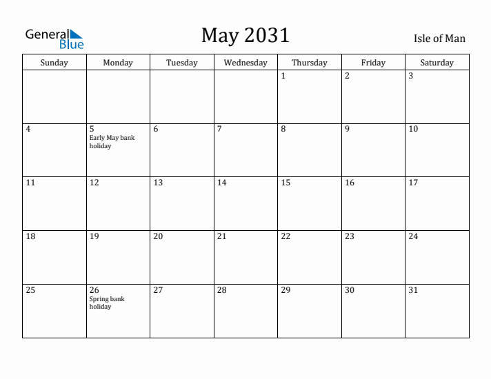 May 2031 Calendar Isle of Man