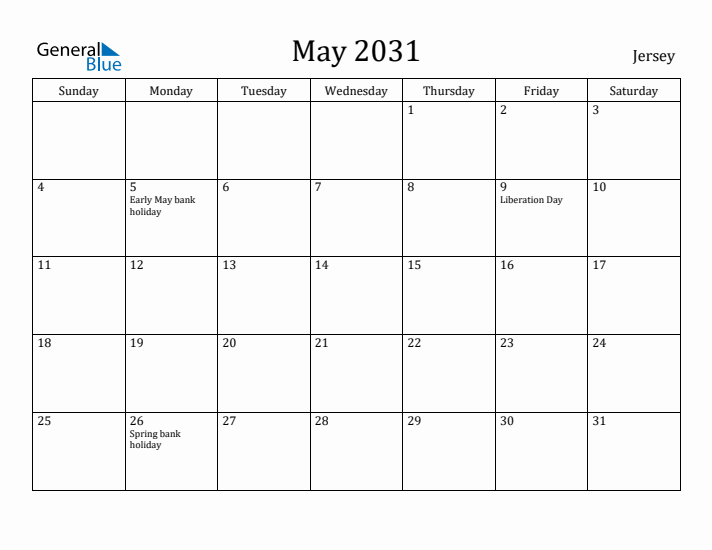 May 2031 Calendar Jersey