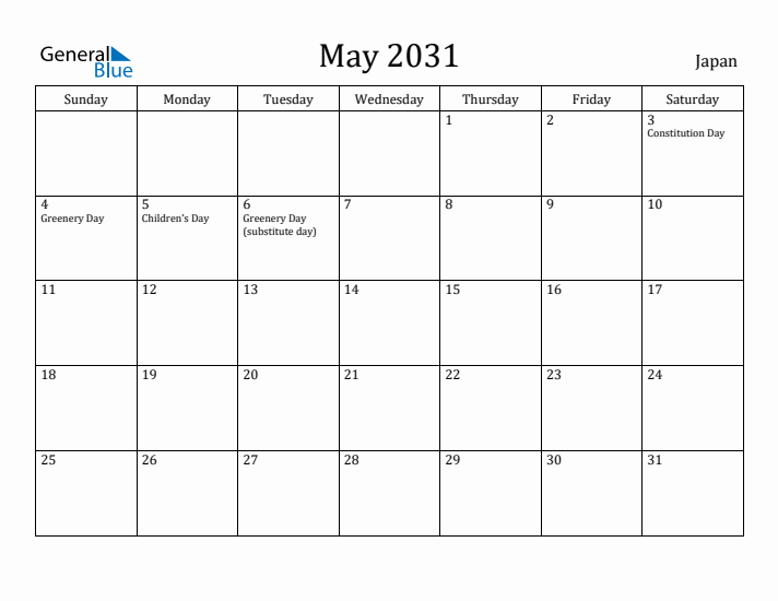 May 2031 Calendar Japan