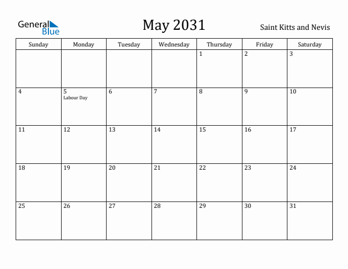 May 2031 Calendar Saint Kitts and Nevis