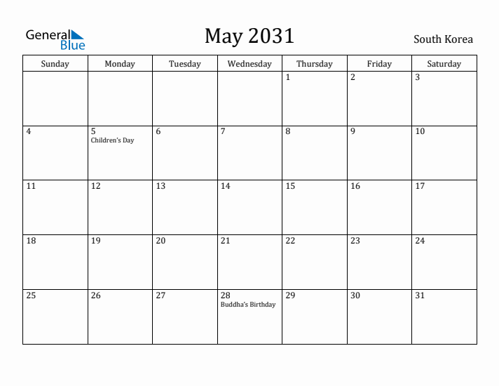 May 2031 Calendar South Korea