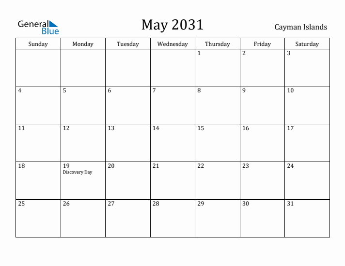 May 2031 Calendar Cayman Islands