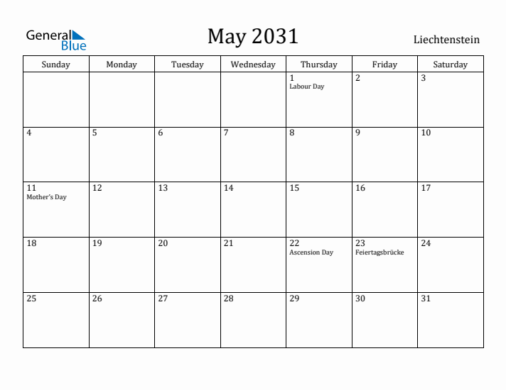 May 2031 Calendar Liechtenstein
