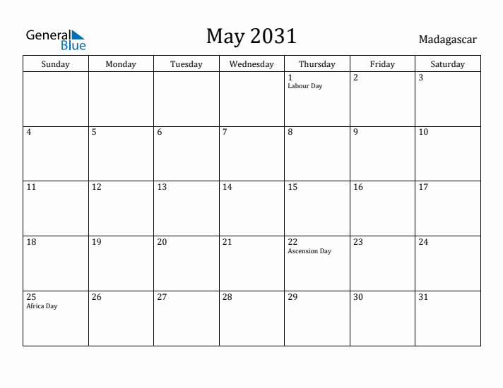 May 2031 Calendar Madagascar