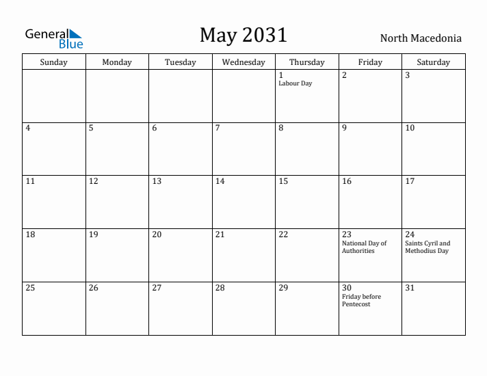 May 2031 Calendar North Macedonia