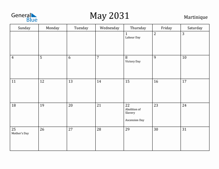 May 2031 Calendar Martinique