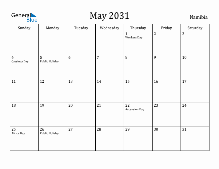 May 2031 Calendar Namibia