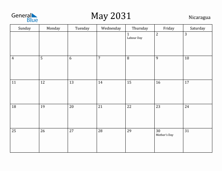 May 2031 Calendar Nicaragua