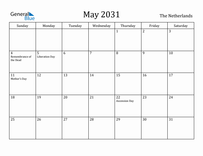 May 2031 Calendar The Netherlands