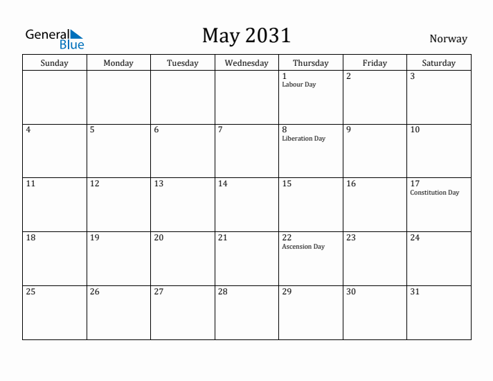 May 2031 Calendar Norway
