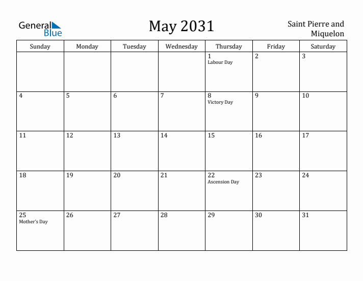 May 2031 Calendar Saint Pierre and Miquelon