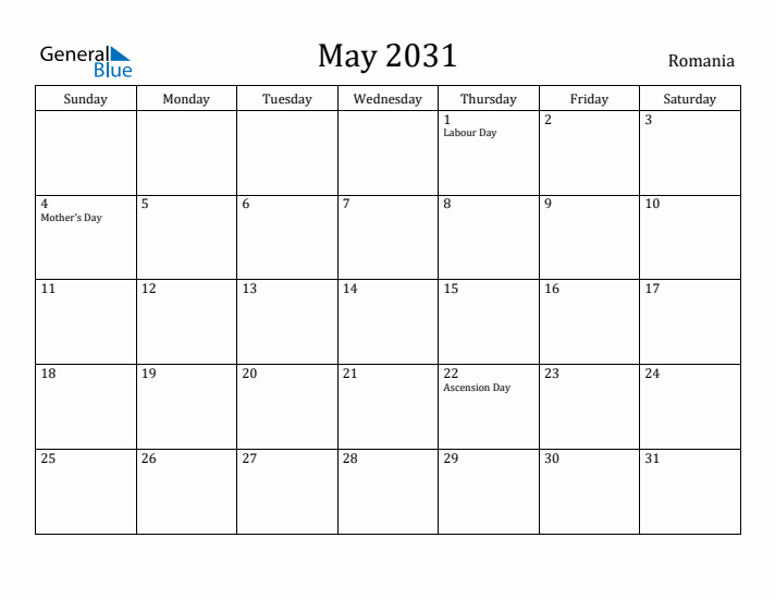 May 2031 Calendar Romania