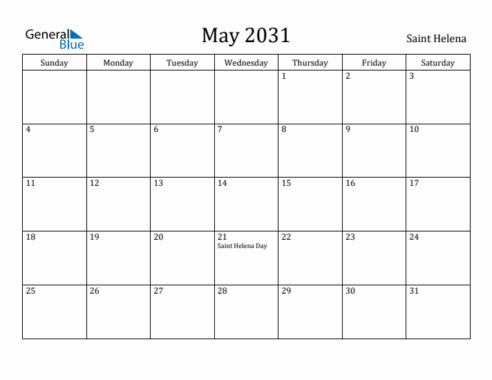 May 2031 Calendar Saint Helena