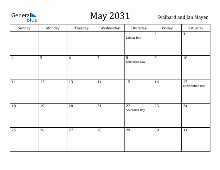 May 2031 Calendar Svalbard and Jan Mayen