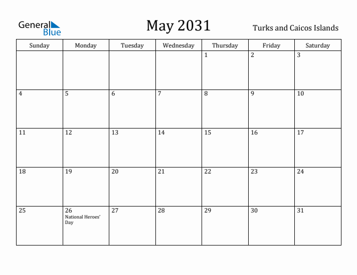 May 2031 Calendar Turks and Caicos Islands