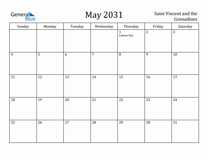 May 2031 Calendar Saint Vincent and the Grenadines