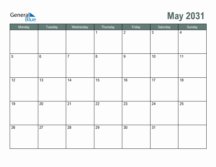 Free Printable May 2031 Calendar