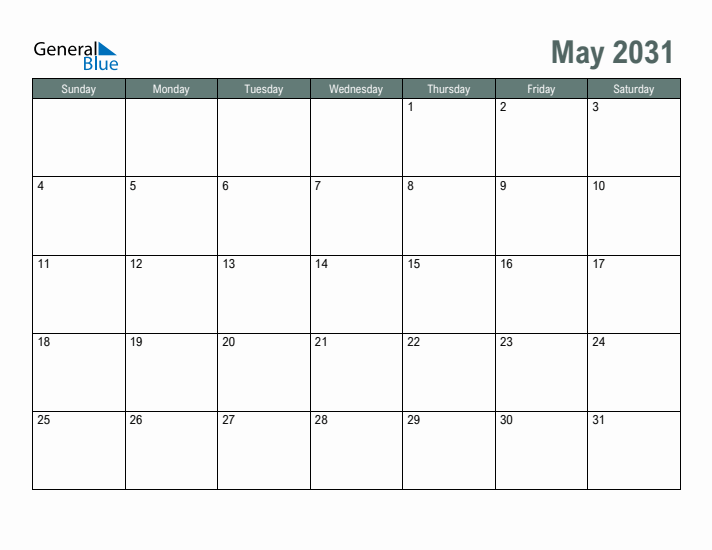 Free Printable May 2031 Calendar