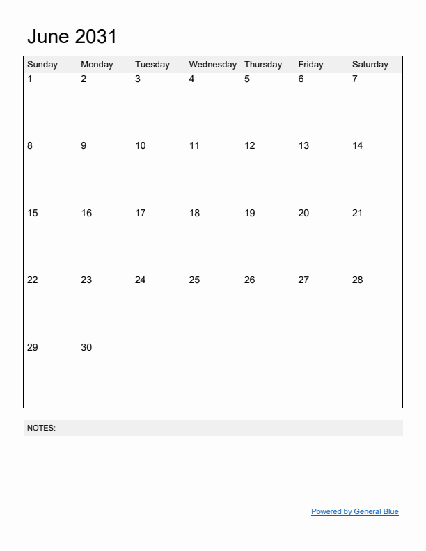 Basic Monthly Calendar Template for June 2031