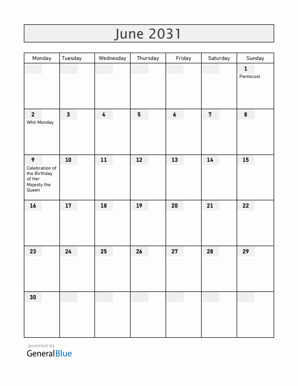 Anguilla June 2031 Calendar with Holidays