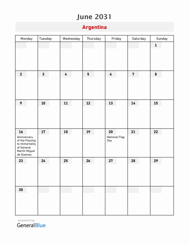 Argentina June 2031 Calendar with Holidays