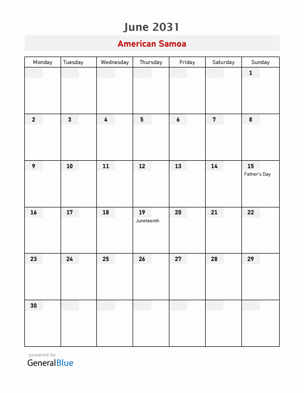 American Samoa June 2031 Calendar with Holidays