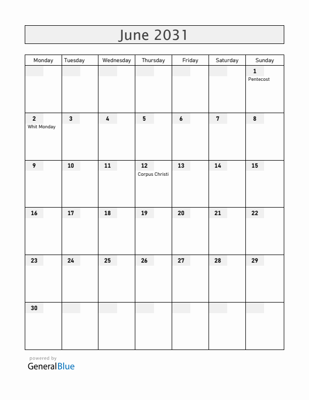 Austria June 2031 Calendar with Holidays