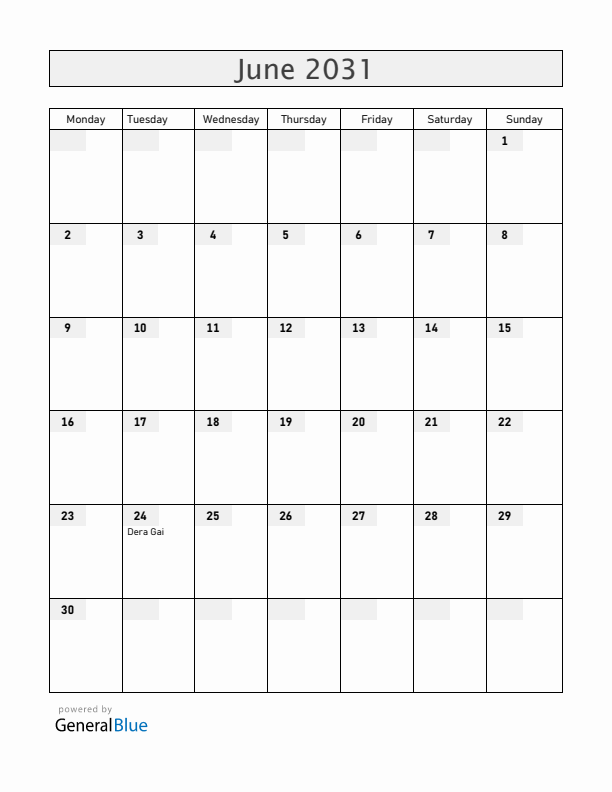 Aruba June 2031 Calendar with Holidays