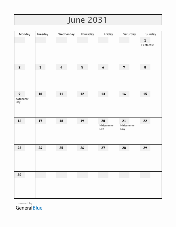 Aland Islands June 2031 Calendar with Holidays