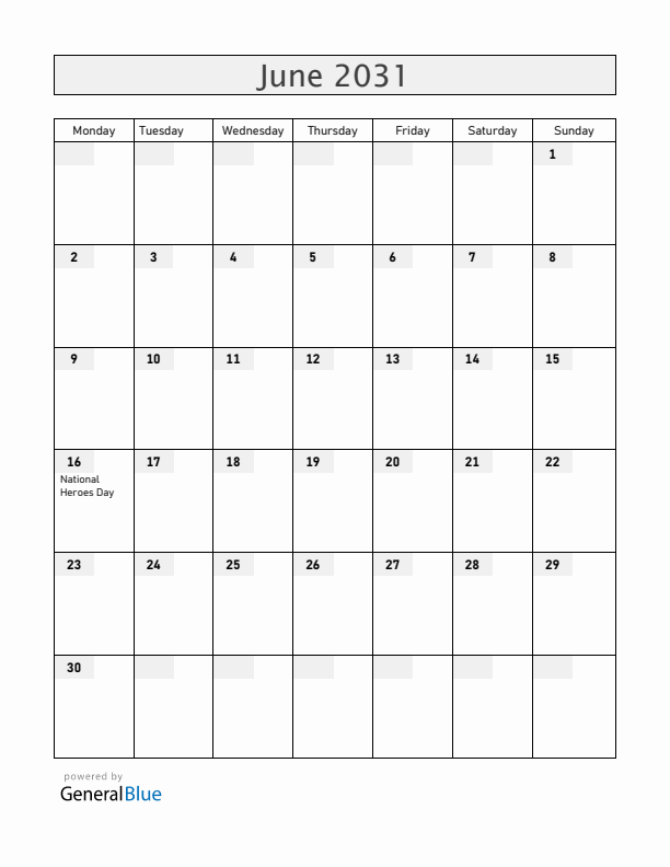 Bermuda June 2031 Calendar with Holidays